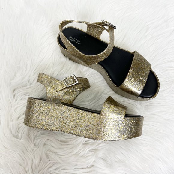 Melissa Shoes - Melissa Mar Jelly Chunky Platform Sandals Gold Glitter Sparkle Womens 9